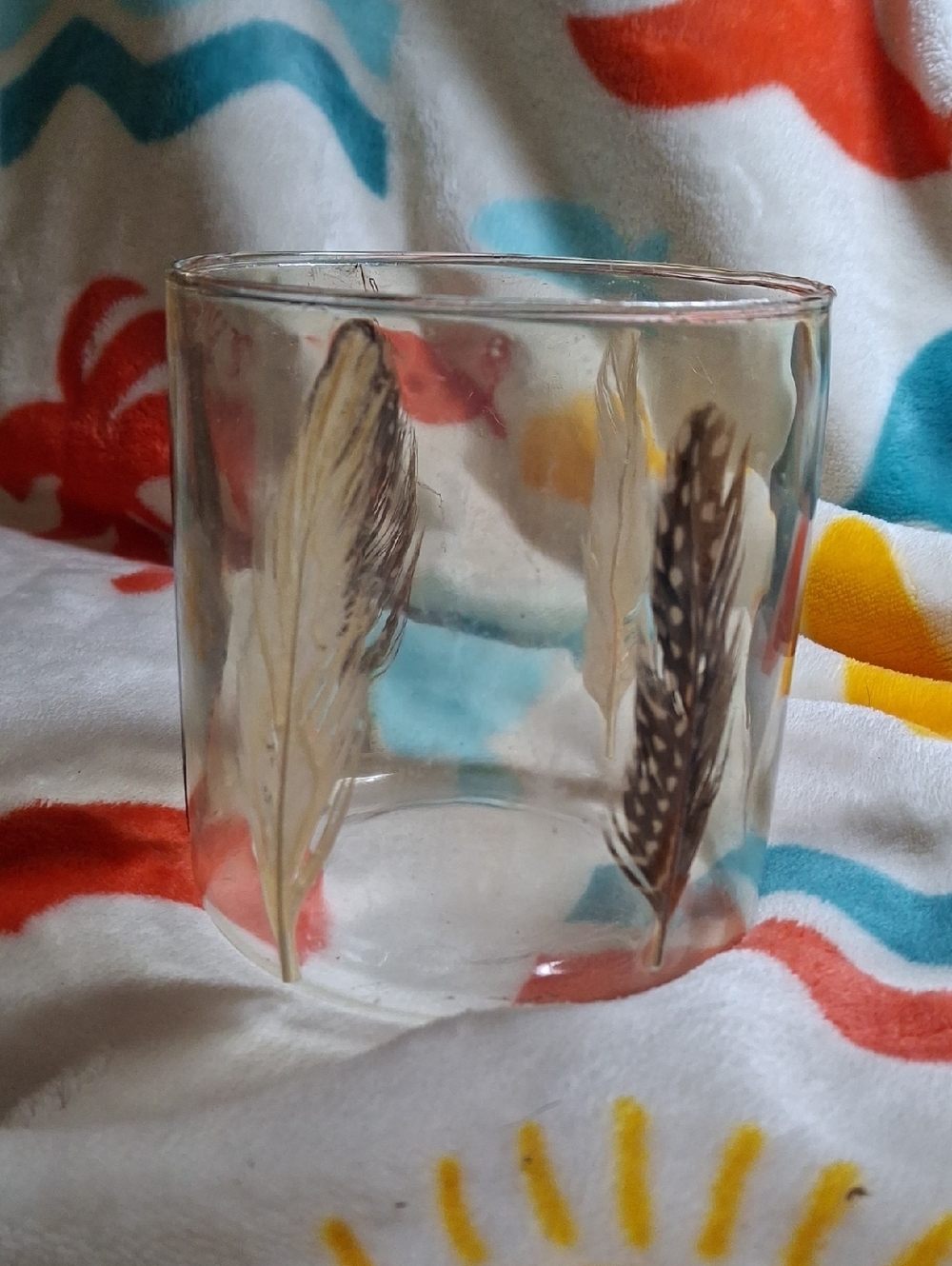 Feather-Accent Clear Glass Candle Holder